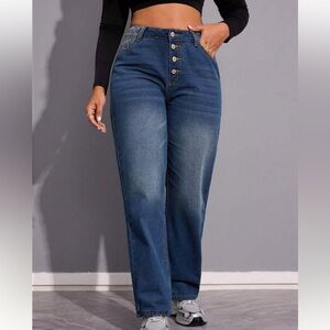 Women’s High Waisted Button Fly Straight Leg Denim Jeans Baggy/ Dark Wash